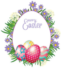 Happy Easter Greeting Card with Colorful Patterned Eggs and Floral Frame