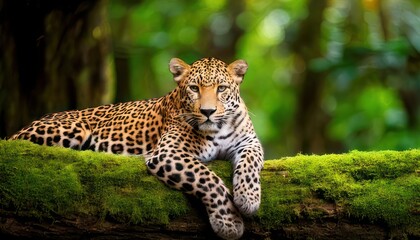 Obraz premium Majestic Leopard Resting on a Mossy Log in Lush Green Forest Habitat.