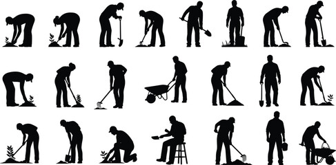 Black vector silhouette set of diverse farmers and gardeners planting digging with shovels and using wheelbarrows for agriculture landscaping backyard and nature design © Azufa