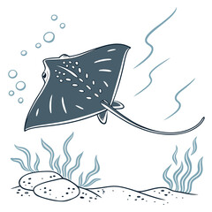 Illustrated flying fish over seabed