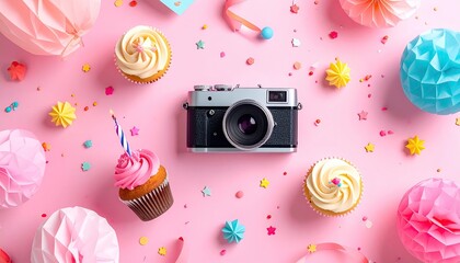 Celebrating Birthday with Camera on pink, Cupcakes, confetti, party for social media