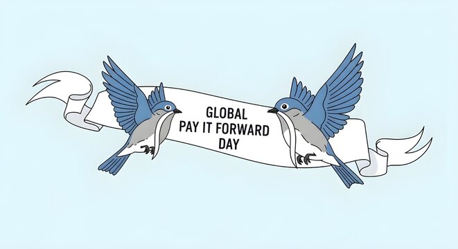 A charming illustration featuring two bluebirds holding a white ribbon banner displaying the official text for Global Pay It Forward Day.