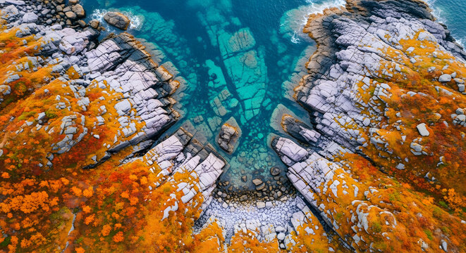 Aerial view of vibrant autumn foliage covering rocky coastline | Drone shot looking down on turquoise ocean water hitting rugged cliffs | Geological patterns of fractured rock formations in clear blue