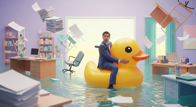 Adorable yellow duck character standing in a cozy modern interior, creating a playful and cheerful atmosphere suitable for children content, animation, and lighthearted concepts.