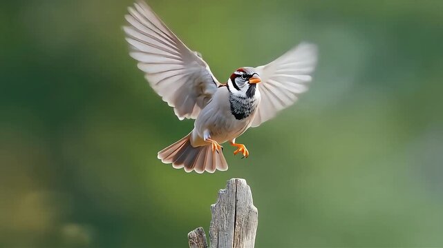 Small sparrow gently taking off upward in a vertical frame, natural controlled wing motion, smooth calm flight, soft green background, cinematic wildlife action, realistic nature.