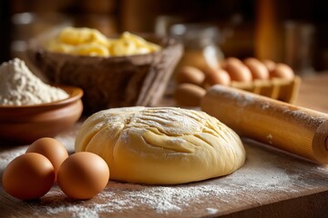 Fototapeta premium A dough is sitting on a wooden table with a bowl of eggs and a bowl of flour
