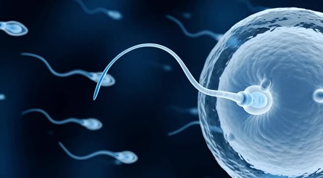 Sperm cells approaching and fusing with an egg cell in a microscopic view