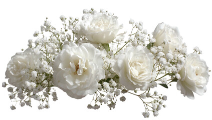 Arrangement of white roses surrounded by delicate baby's breath, soft light