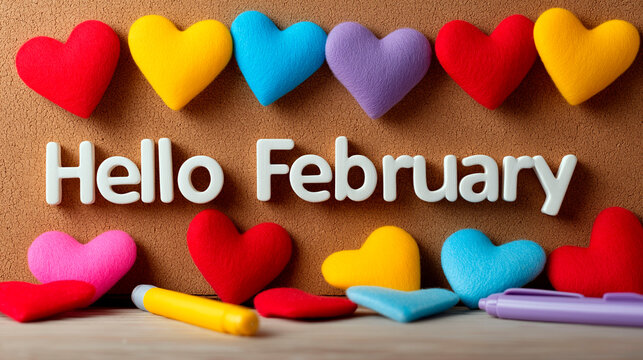 Colorful felt hearts and Hello February text on cork background, festive and cheerful composition for Valentine's Day and new month celebration