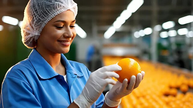 Smiling quality control worker in protective gear carefully inspects a fresh, bright orange citrus fruit during sorting at a large-scale food processing facility.