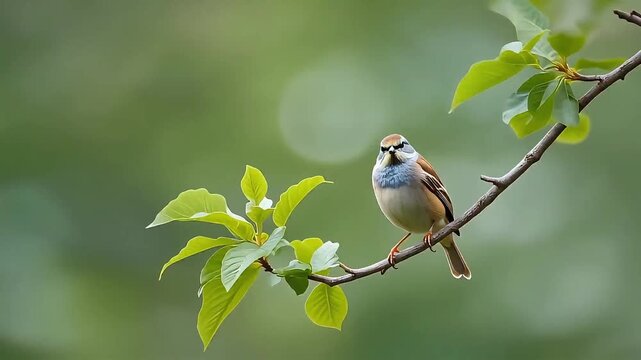 Small bird perched calmly on a thin tree branch with fresh green leaves, natural peaceful behavior, soft blurred background, perfect for spring nature and wildlife visuals.