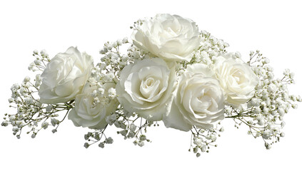 White roses and baby's breath in an arrangement, centered against dark ground
