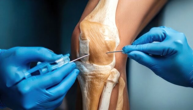 Medical professional injecting a needle into a human knee joint for treatment and pain relief.