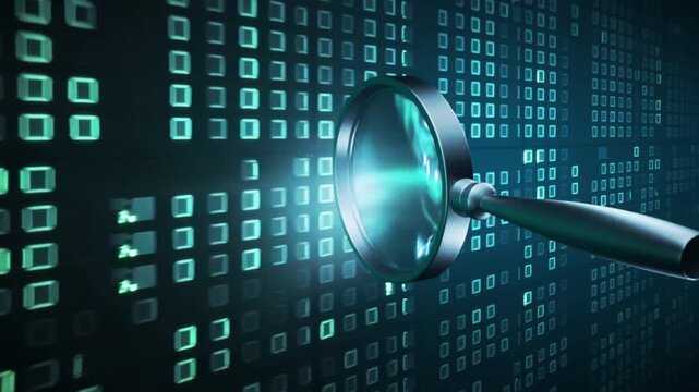 Magnifying Glass Examining Digital Data Code.