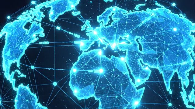 Digital Global Network Connecting Continents with Blue Futuristic Technology