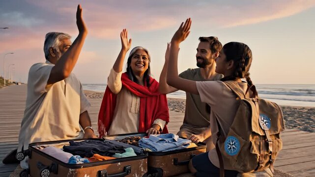 Multi Generational Family Packing Suitcases for Beach Vacation at Sunset