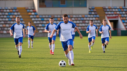 Obraz premium Soccer Player Dribbling Ball on Field with Teammates During Training