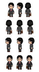 Pixel Art Businessman Sprite with Glasses Black Suit Standing and Walking Animation