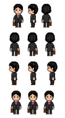 Pixel Art Businessman Sprite Black Suit Standing and Walking Animation