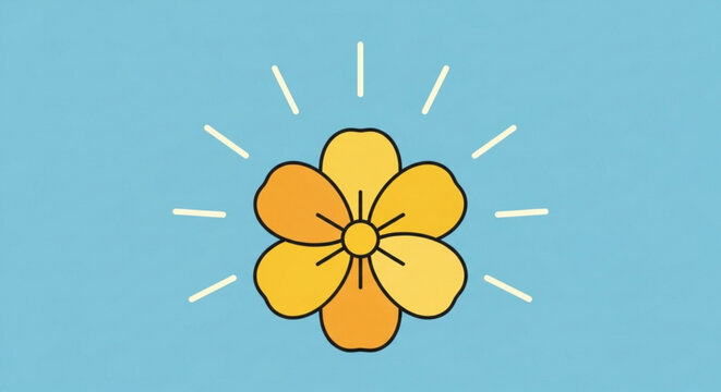 Vibrant yellow flower with sunburst effect on light blue background symbolizing happiness and warmth in a simple modern illustration