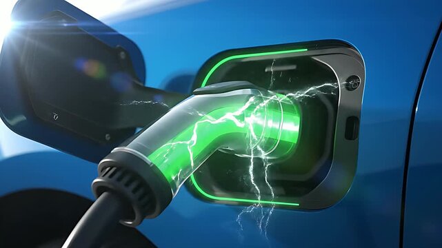 Close-up of a modern electric vehicle charging port receiving a powerful burst of green energy, illustrating rapid battery replenishment technology for sustainable transportation.