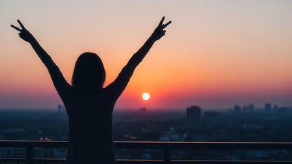 Fototapeta premium Silhouette of a woman stretching her arms triumphantly on a balcony at sunrise, with a vibrant orange and pink sky illuminating the city skyline below