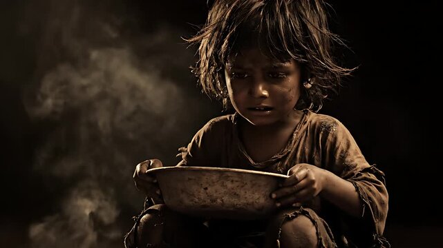 A deeply evocative portrait captures the solemn expression of a young, impoverished child holding an empty bowl, signifying hunger and hardship.