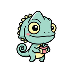 Obraz premium Cute green cartoon chameleon holding a gift box with a bow