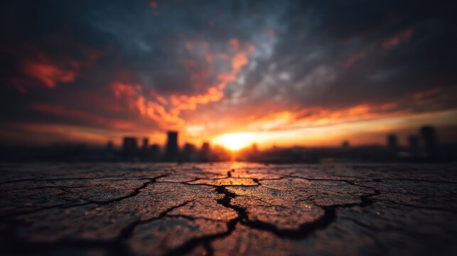 Sunset cityscape cracked earth