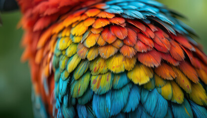 Obraz premium Extreme close-up detailed macro photograph captures the incredibly vibrant and richly textured feathers covering the bright plumage of a magnificent macaw bird showing warm reds oranges yellows and co
