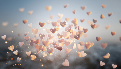 Floating pink hearts with magical bokeh lights background　魔法のように輝く光と空中に浮かぶピンクのハート