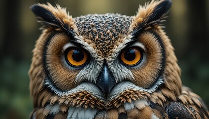 Fototapeta premium Extremely detailed macro portrait focuses intently upon the captivating bright orange eyes and intricate feather patterns of a majestic great horned owl staring directly forward showcasing intense wil