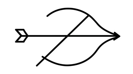 A minimalist icon depicting a bow and arrow, black lines on a white background, pointing rightward