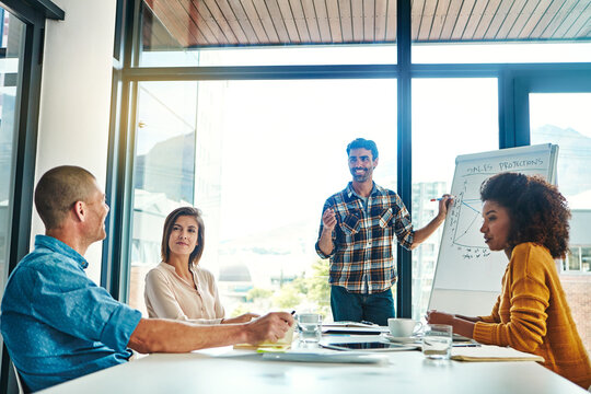 Business, man and presentation with staff in office for media sales forecast with pricing strategy. Speaker, briefing and team with graph for budget planning, financial revenue and publication agency