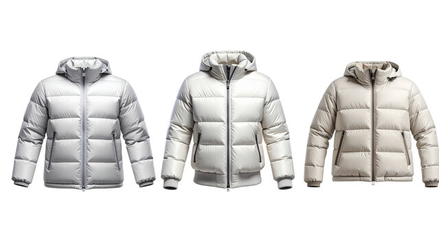 A realistic winter jacket displayed from the front, fully zipped up with a high colla