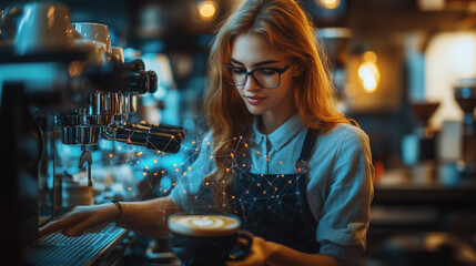 a barista using smart coffee machines connected to IoT network in a modern café