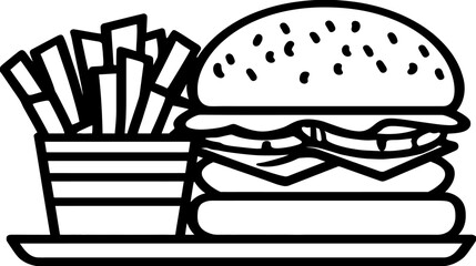 Black and white illustration of a burger and a container of fries on a plate