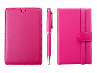 Three pink electronic device accessories including a tablet case phone case and stylus isolated on white background, PNG. AI Generated