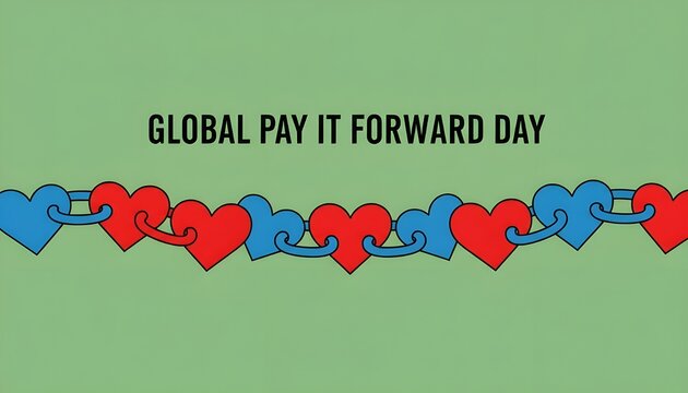 An illustration depicting a chain of linked red and blue heart shapes displayed beneath the centered text for Global Pay It Forward Day awareness.