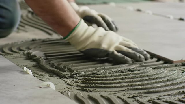 Worker's hands in light gloves precisely tile a floor, placing a matte grey ceramic tile onto ridged adhesive, revealing concrete subfloor and spacers. Concept of professional tiling instruction
