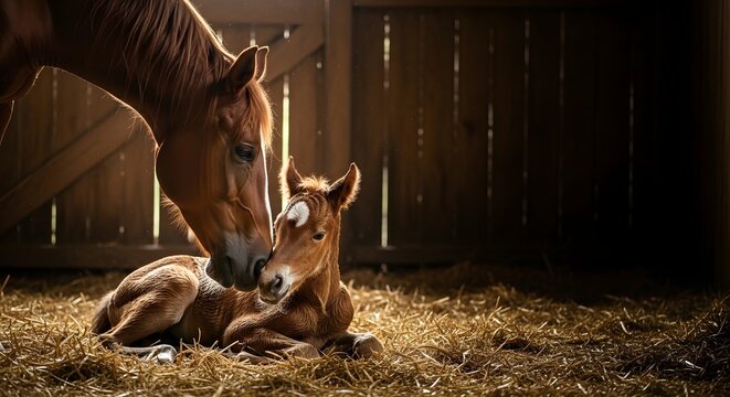A mare gently nuzzling her newborn foal in a cozy barn stall, symbolizing the tender bond of farm livestock births concept
