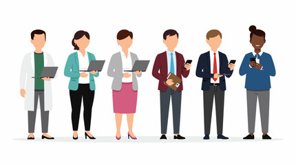 Fototapeta premium A diverse group of professionals standing together, each holding a laptop or smartphone, representing modern business and technology.