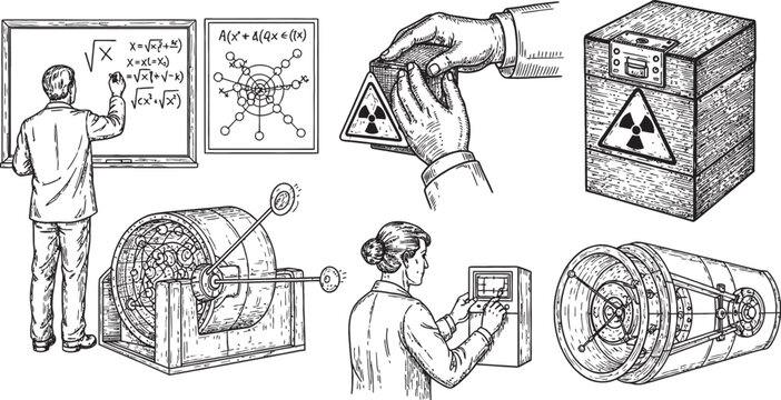 A collection of detailed line art illustrations depicting various aspects of nuclear science, including equations, radiation symbols, scientific equipment, and researchers.