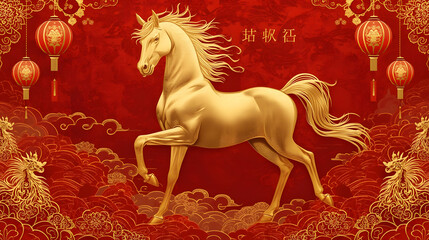 Golden horse on a vibrant red background with traditional Chinese lanterns and auspicious patterns, celebrating the Chinese New Year.