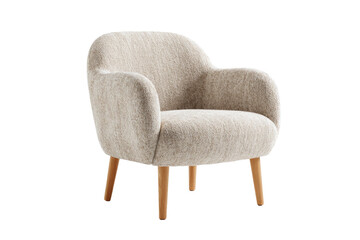 Armchair with curved back, pale fabric, and wooden legs, isolated on black