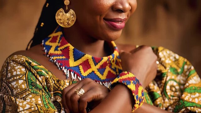 African Woman Wearing Beaded Choker and Traditional Print Dress