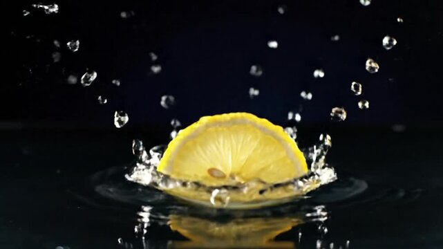 Fresh lemon slice splashing into water with droplets flying everywhere