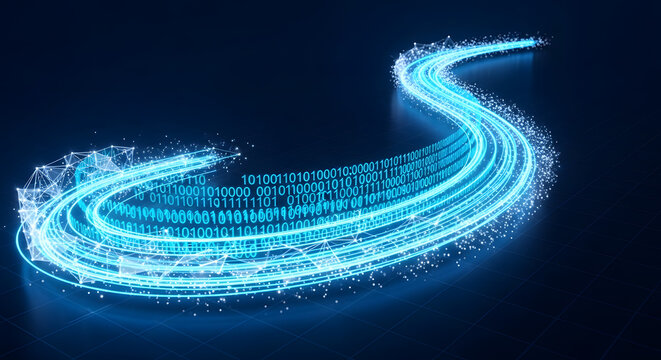 High-speed digital data flow with binary code stream | Abstract visualization of network infrastructure and Big Data transfer | Glowing blue light trail representing fast internet connectivity 