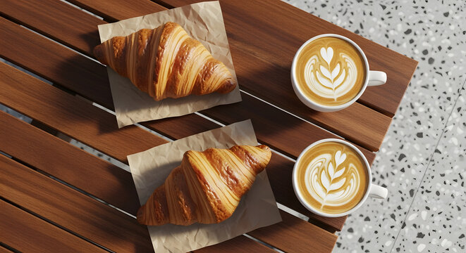 Overhead view of two buttery croissants and coffee cups on wooden table | Fresh cappuccino latte art on a textured cafe surface | Perfect Parisian breakfast setup outdoors with pastries 