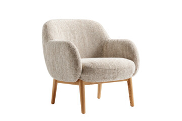 Isolated, cozy armchair with neutral fabric upholstery and light wood legs